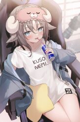Rule 34 | 1girl, ahoge, animal ears, artist name, black straps, blue eyes, blue jacket, blush, brown hair, can, chair, drinking straw, from above, highres, holding, holding can, horns, jacket, medium hair, microphone, off shoulder, open clothes, open jacket, original, red bull, saiki komari, sheep ears, sheep horns, shirt, sidelocks, sitting, sleep mask, solo, star-shaped pillow, strap, white shirt
