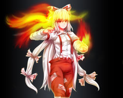 Rule 34 | 1girl, bird, black background, bow, breasts, clenched hand, collared shirt, cowboy shot, fire, fujiwara no mokou, hair bow, hair ribbon, light smile, long hair, looking at viewer, pants, phoenix, red eyes, red pants, rence (mjyoon1452), rens (pixiv), ribbon, shirt, short sleeves, simple background, small breasts, solo, standing, suspenders, touhou, tress ribbon, very long hair, wallpaper, white hair, white shirt