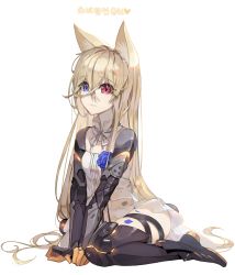 Rule 34 | 1girl, absurdres, animal ears, bad id, bad pixiv id, black thighhighs, blonde hair, blue eyes, blue flower, blue rose, blush, cat ears, closed mouth, flower, g41 (girls&#039; frontline), girls&#039; frontline, heart, heterochromia, highres, hwayoung, looking at viewer, panties, red eyes, rose, sitting, solo, thighhighs, underwear, wariza, white panties
