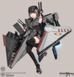 Rule 34 | 1girl, animification, artist name, blue eyes, brown hair, character name, defiant (star wars), full body, grey background, gun, hat, highres, mecha musume, open mouth, personification, solo, star wars, teeth, thighhighs, vectorek, weapon