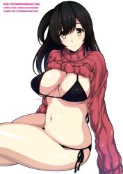 Rule 34 | 1girl, bad id, bad pixiv id, bikini, black bikini, black bra, black hair, black panties, bra, breasts, brown eyes, cleavage, clothes lift, covered erect nipples, female focus, highres, hiromin, large breasts, long hair, looking at viewer, navel, one side up, original, panties, ribbed sweater, shirt, shirt lift, side-tie bikini bottom, side ponytail, sitting, smile, solo, sweater, sweater lift, swimsuit, turtleneck, underwear