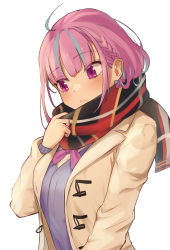 Rule 34 | 1girl, absurdres, ahoge, alternate costume, bad id, bad pixiv id, black scarf, blue cardigan, blue hair, blush, braid, breasts, brown coat, cardigan, casual, closed mouth, coat, commentary, duffel coat, enpera, french braid, highres, hitsujisnow, hololive, light blue hair, long sleeves, looking away, looking to the side, medium breasts, medium hair, minato aqua, multicolored clothes, multicolored scarf, neck ribbon, open clothes, open coat, purple eyes, purple hair, purple ribbon, red scarf, ribbon, scarf, shirt, simple background, solo, upper body, virtual youtuber, white background, white shirt