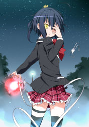 Rule 34 | 10s, 1girl, ahoge, bandages, black hair, blazer, bow, chain, chuunibyou demo koi ga shitai!, cross, eyepatch, unworn eyepatch, frilled skirt, frills, glowing, glowing eye, hair bow, hair ornament, hand over face, jacket, lamppost, mousou (mousou temporary), night, night sky, one eye closed, one side up, open mouth, plaid, plaid skirt, pole, school uniform, short hair, side ponytail, skirt, sky, solo, star (sky), starry sky, takanashi rikka, thigh strap, thighhighs, wink, yellow eyes