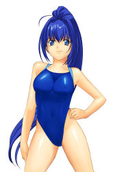 Rule 34 | 00s, 1girl, a1 (initial-g), absurdres, ahoge, bare shoulders, blue eyes, blue hair, breasts, competition school swimsuit, covered erect nipples, hand on own hip, hayase mitsuki, highres, hip focus, kimi ga nozomu eien, long hair, matching hair/eyes, medium breasts, one-piece swimsuit, ponytail, school swimsuit, solo, standing, swimsuit