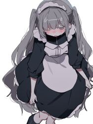 Rule 34 | 1girl, absurdres, ameno (motiizamurai), apron, black dress, black socks, blush, colored eyelashes, dress, embarrassed, feet out of frame, frilled dress, frills, grey eyes, grey hair, highres, kneehighs, knees together feet apart, leaning forward, long hair, long sleeves, maid, maid apron, maid headdress, one eye closed, open mouth, original, simple background, socks, solo, sweat, two side up, very long hair, white apron, white background