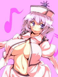 Rule 34 | 1girl, :p, bad id, bad pixiv id, breasts, cleavage, female focus, hat, large breasts, merlin prismriver, musical note, navel, open clothes, open shirt, pink background, pink hair, purple eyes, shirt, simple background, solo, tongue, tongue out, touhou, tro (trombe), wavy hair