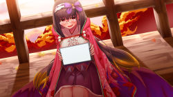 Rule 34 | 1girl, absurdres, autumn leaves, black hair, blush, breasts, brown hair, fate/grand order, fate (series), glasses, gradient hair, hairband, highres, large breasts, long hair, looking at viewer, low twintails, mkon, multicolored hair, open mouth, osakabehime (fate), porch, purple eyes, purple skirt, red-framed eyewear, skirt, smile, solo, tablet pc, twintails, very long hair