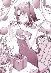 Rule 34 | 1girl, absurdres, alternate costume, animal ears, arknights, balloon, bare shoulders, blush, breasts, cake, cat ears, cat girl, cat tail, choker, cleavage, dollllls2, dress, eating, extra ears, food, fork, gift, hair ornament, highres, holding, holding fork, indoors, looking at viewer, mandragora (arknights), medium breasts, monochrome, open mouth, parted bangs, short hair, smile, solo, standing, tail