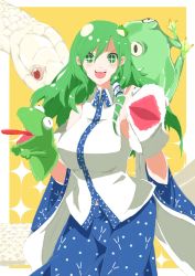 Rule 34 | 1girl, albino, blue skirt, blush, breasts, detached sleeves, frog, frog hair ornament, green eyes, green hair, hair between eyes, hair ornament, hand puppet, highres, kochiya sanae, large breasts, long hair, long sleeves, looking at viewer, mr. pepe r, nontraditional miko, open mouth, puppet, red eyes, shirt, skirt, snake, snake hair ornament, solo, sparkling eyes, teeth, tongue, touhou, upper teeth only, webbed feet, webbed hands, white shirt, wide sleeves