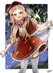 Rule 34 | 1girl, alternate costume, bag, blonde hair, blue bow, bow, bow earrings, brown eyes, capelet, choker, earrings, fur choker, fur trim, gonzalez (machita chima), hair bow, hat, highres, holding, holding bag, jewelry, leaning to the side, long hair, low twintails, machita chima, mayuma (mayuma 0715), nijisanji, open mouth, red bow, red capelet, red hat, red skirt, santa hat, short bangs, skirt, smile, solo, thighhighs, twintails, virtual youtuber, white choker, white thighhighs, zettai ryouiki