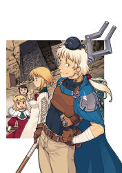 Rule 34 | 1boy, 3girls, bandaged arm, bandages, belt, buckle, closed mouth, fantasy, from above, from side, hamada yoshikazu, hand on own hip, hat, long hair, long sleeves, looking at viewer, looking up, multiple girls, necktie, ponytail, profile, shirt, shoulder pads, simple background, smile, source request, standing, white background, white shirt