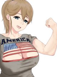 Rule 34 | 1girl, absurdres, american flag print, american flag shirt, blue eyes, breasts, brown hair, cleavage, cleavage cutout, clothing cutout, commentary request, covered erect nipples, hair between eyes, highres, intrepid (kancolle), kantai collection, kilroylw, large breasts, open mouth, ponytail, print shirt, shirt, short hair, simple background, t-shirt, tongue, tongue out, upper body