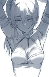 Rule 34 | 1girl, absurdres, armpits, arms up, blush, breasts, cleavage, commentary, english commentary, hair between eyes, hews, highres, looking at viewer, medium breasts, monochrome, side ponytail, simple background, sketch, smile, solo, sousou no frieren, sweat, ubel (sousou no frieren), unfinished, upper body, white background