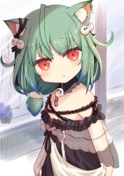 Rule 34 | 1girl, :t, animal ear fluff, animal ears, bare shoulders, black dress, cat ears, closed mouth, colored tips, commentary request, dress, frilled dress, frills, green hair, hair ornament, highres, hololive, looking at viewer, low twintails, multicolored hair, off-shoulder dress, off shoulder, pout, red eyes, ridy (ri sui), see-through, short twintails, solo, twintails, uruha rushia, uruha rushia (3rd costume), virtual youtuber