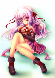 Rule 34 | 1girl, blush, boots, dress, full body, gore screaming show, hair ribbon, holding, holding stuffed toy, long hair, looking at viewer, parted lips, purple dress, purple hair, red eyes, red ribbon, ribbon, solo, stuffed toy, yuka (gore screaming show), yukina0902