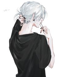 Rule 34 | 1boy, adjusting hair, black nails, black shirt, earlgrey3183, earrings, from behind, hair tie in mouth, highres, jewelry, male focus, mouth hold, nail polish, nape, original, ring, shirt, simple background, solo, sweat, upper body, white background, white hair