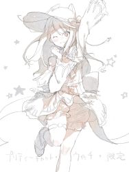 Rule 34 | 1girl, ;), animal hat, arm up, back bow, bloomers, bow, braid, clenched hand, closed mouth, clothes lift, doily, dot nose, eyelashes, floating hair, foot out of frame, foot up, french braid, frilled sleeves, frills, hanasato minori, hat, hat ribbon, hat with ears, highres, light blush, long hair, long sleeves, monochrome, one eye closed, pogpa47985618, project sekai, ribbon, scramble fan festa! (project sekai), sepia, shade, simple background, skirt, skirt lift, smile, solo, standing, standing on one leg, star (symbol), starry background, swept bangs, thigh strap, underwear, wavy hair, white background, wide sleeves, witch hat