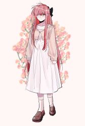 Rule 34 | 1girl, absurdres, berry, black bow, bow, brown footwear, dress, full body, gauze, hair bow, highres, jacket, limbus company, loafers, long hair, long sleeves, pink hair, pink jacket, project moon, shoes, socks, solo, very long hair, vvindyday, white dress, white socks, yuri (project moon)