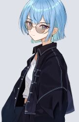Rule 34 | 1girl, absurdres, blue eyes, blue hair, earrings, glasses, highres, hololive, hoshimachi suisei, jacket, jewelry, looking at viewer, open clothes, open jacket, shirt, short hair, star (symbol), star earrings, tagosaku (tatsukiuma0329), virtual youtuber, white shirt