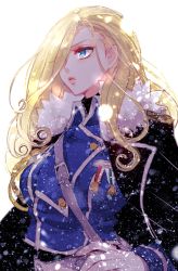Rule 34 | 1girl, black cape, blonde hair, blue eyes, blue jacket, cape, closed mouth, curly hair, fullmetal alchemist, fur trim, hair over one eye, hand on own hip, jacket, long hair, mamaloni, medal, military, military uniform, olivier mira armstrong, simple background, solo, uniform, upper body, white background
