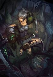 Rule 34 | 1girl, alternate costume, armor, asymmetrical clothes, bandages, belt, blood, blood on clothes, breasts, corset, folded ponytail, gauntlets, huge weapon, large breasts, league of legends, leg warmers, lips, monster, neo-tk.., nose, pauldrons, riven (league of legends), sandals, sarashi, short hair, shoulder armor, silver hair, solo, spikes, sword, weapon