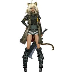 Rule 34 | 1girl, :d, ahoge, animal ears, arknights, black footwear, blonde hair, blue eyes, boots, dark-skinned female, dark skin, full body, grey jacket, grey shirt, hand on own hip, holding, holding sword, holding weapon, infukun, jacket, knee boots, left-handed, long hair, long sleeves, morgan (arknights), official art, open clothes, open jacket, open mouth, shirt, short shorts, shorts, smile, solo, standing, sword, tail, thighs, tiger ears, tiger tail, transparent background, weapon, white shorts