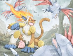 Rule 34 | blue eyes, cleffa, colored sclera, commentary request, creatures (company), dated, day, fire, flying, game freak, gen 2 pokemon, gen 4 pokemon, highres, infernape, katkichi, looking back, nintendo, open mouth, outdoors, pokemon, pokemon (creature), protecting, sharp teeth, signature, skarmory, squatting, teeth, tongue, yellow sclera