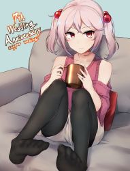 Rule 34 | 1girl, alternate costume, black pantyhose, brown shorts, cup, detached sleeves, hair bobbles, hair ornament, highres, holding, holding cup, jewelry, kantai collection, pantyhose under shorts, pantyhose, pink hair, red eyes, red shirt, ring, sazanami (kancolle), shirt, short hair, short shorts, shorts, sitting, smile, solo, sugamo (rainysnowy108), twintails, wedding band