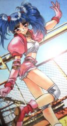 Rule 34 | 1girl, alice the rabbit, belt, bloody roar, blue hair, blush, breasts, chain-link fence, cleavage, crop top, cropped jacket, cutoffs, day, dutch angle, elbow gloves, feet out of frame, fence, gloves, jacket, knee pads, konami, looking at viewer, midriff, outdoors, photo background, pink footwear, pink gloves, pink jacket, pink shorts, puffy short sleeves, puffy sleeves, shirt, short sleeves, shorts, single glove, small breasts, smile, solo, standing, standing on one leg, tsukagami alice, twintails, white shirt