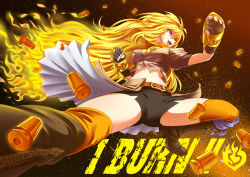 Rule 34 | 1girl, belt, black gloves, black shorts, blonde hair, boots, breasts, brown top, bullet, clenched hand, english text, female focus, fiery hair, fingerless gloves, fire, gauntlets, gloves, hijikawa arashi, large breasts, long hair, midriff, neckerchief, open mouth, orange neckerchief, purple eyes, rwby, shorts, solo, text focus, thighhighs, waistcoat, weapon, yang xiao long, yellow gauntlets