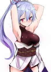 Rule 34 | 1girl, armpits, arms behind head, arms up, blush, breasts, fate/grand order, fate (series), highres, long hair, looking at viewer, medium breasts, muoto, ponytail, purple eyes, silver hair, simple background, smile, solo, sweat, tomoe gozen (fate), white background