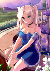 Rule 34 | 1girl, absurdres, bag, black choker, blue dress, blue sleeves, blurry, blurry foreground, breasts, choker, cleavage, closed mouth, collarbone, day, detached sleeves, dress, earrings, flower, frilled dress, frills, green eyes, hair between eyes, hair intakes, highres, holmemee, jewelry, long hair, medium breasts, nail polish, original, outdoors, pendant, see-through, short dress, short sleeves, silver hair, sitting, sleeveless, sleeveless dress, smile, solo, strapless, strapless dress, sunlight, twintails, very long hair, white flower, yellow nails