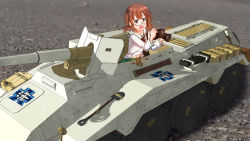 Rule 34 | 1girl, armored vehicle, blush, brown hair, camera, emblem, girls und panzer, glasses, highres, jerry can, looking at viewer, looking to the side, midriff, military, military vehicle, navel, ooarai (emblem), ooarai school uniform, open mouth, ou taiga, school uniform, semi-rimless eyewear, short twintails, shovel, solo, twintails, under-rim eyewear