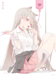 Rule 34 | 1girl, absurdres, animal ear fluff, animal ears, bandaged leg, bandages, brown hair, candy, cat ears, cat girl, cat tail, clothes around waist, collar, collarbone, collared shirt, commentary, dress shirt, english commentary, feet out of frame, food, hands up, heart, highres, holding, holding candy, holding food, holding lollipop, holding syringe, lollipop, long hair, mayogii, original, pink eyes, pink skirt, pleated skirt, red collar, shirt, simple background, sitting, skirt, solo, syringe, tail, very long hair, white background, white shirt