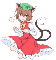 Rule 34 | 1girl, :d, animal ears, bad id, bad pixiv id, blush, bow, bowtie, brown eyes, brown hair, cat ears, cat girl, cat tail, chen, dress, earrings, fang, female focus, frilled dress, frills, full body, green hat, hat, heart, jewelry, long sleeves, looking at viewer, mob cap, multiple tails, nekomata, open mouth, puffy long sleeves, puffy sleeves, red dress, short hair, signature, simple background, single earring, smile, solo, spoken heart, tail, touhou, two tails, white background, yellow bow, yellow bowtie, yukimiya (parupunta)