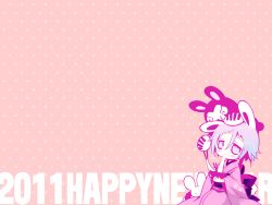 Rule 34 | 00s, androgynous, animal ears, blue hair, blush, bowl, rabbit ears, chibi, chopsticks, crona (soul eater), eating, gender request, hair between eyes, hand on head, highres, japanese clothes, kimono, multicolored hair, pink background, pink hair, polka dot, polka dot background, purple hair, ragnarok (demon sword), short hair, soul eater, stuffed animal, stuffed rabbit, stuffed toy, x x