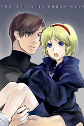Rule 34 | 1boy, 1girl, bad id, bad pixiv id, blonde hair, blue eyes, brown hair, carrying, hairband, leon s. kennedy, open mouth, oversized clothes, princess carry, rakuto mangan, resident evil, resident evil 2, sherry birkin, short hair, tears