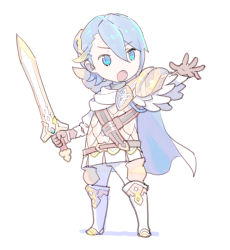 Rule 34 | 1boy, absurdres, alfonse (fire emblem), armor, belt, blue eyes, blue hair, boots, breastplate, cape, chibi, enkyo yuuichirou, fire emblem, fire emblem heroes, full body, hair between eyes, hair ornament, highres, holding, holding sword, holding weapon, male focus, armored boots, nintendo, open mouth, pants, scale armor, shield, simple background, solo, standing, sword, weapon, white background, white cape, white footwear