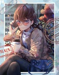 Rule 34 | 1girl, artist name, aviator sunglasses, bad id, bad twitter id, bag, black pants, blue eyes, blush, brown hair, brown jacket, cellphone, commentary, cup, disposable cup, feet out of frame, fire hydrant, hand up, hani haya, highres, holding, holding cup, holding phone, ichinose shiki, idolmaster, idolmaster cinderella girls, jacket, long hair, long sleeves, looking at viewer, open clothes, open jacket, pants, paperclip, parted lips, phone, pink-tinted eyewear, pink-tinted glasses, sitting, smartphone, solo, sunglasses, sweater, tinted eyewear, white sweater