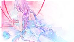 Rule 34 | 1girl, braid, camisole, earrings, female focus, flower, from behind, gradient background, jewelry, kesaharus, long hair, lying, megurine luka, on stomach, pink hair, red ribbon, ribbon, single braid, skirt, solo, spaghetti strap, very long hair, vocaloid