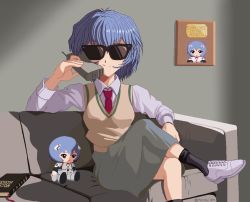 Rule 34 | 1girl, american psycho, ayanami rei, bible (object), blue hair, breasts, cellphone, character doll, couch, crossed legs, meme, monky sm, necktie, neon genesis evangelion, phone, plugsuit, rei chikita, school uniform, sitting, skirt, smile, solo, sunglasses, sweater vest
