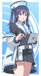 Rule 34 | 1girl, absurdres, belt, black jacket, black skirt, blue archive, blue hair, blue necktie, breasts, clipboard, collared shirt, cosplay, enola 013, hair between eyes, halo, highres, holding, holding clipboard, holding pen, jacket, long hair, long sleeves, looking at viewer, love live!, love live! school idol project, medium breasts, necktie, off shoulder, open mouth, pen, pleated skirt, shirt, skirt, solo, sonoda umi, standing, trait connection, two-sided fabric, two-sided jacket, two side up, upper body, white belt, white jacket, white shirt, yellow eyes, yuuka (blue archive), yuuka (blue archive) (cosplay)