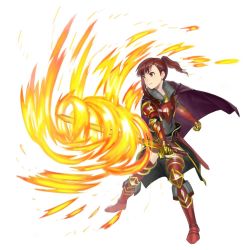 Rule 34 | 1girl, armor, brown eyes, brown hair, cape, clenched hand, commentary request, fire, flaming sword, flaming weapon, full body, glowing hot, holding, holding sword, holding weapon, knight, leg armor, looking afar, medium hair, metal gloves, original, ornate armor, plate armor, ponytail, powering up, purple cape, simple background, slashing, solo, standing, sword, wasabi60, weapon, white background