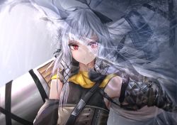 Rule 34 | 1girl, arknights, armpits, bare shoulders, blurry, cannon, closed mouth, depth of field, detached sleeves, dress, expressionless, flat chest, hair ornament, highres, horns, kayjae, long hair, long sleeves, looking at viewer, outstretched arm, red eyes, silver hair, solo, strap, upper body, water, weedy (arknights), wet