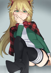 Rule 34 | 1girl, black footwear, black shorts, blonde hair, boots, burn the witch, capelet, closed mouth, dress shirt, easy (aqk7bdqt), floating hair, frown, green eyes, green jacket, grey background, hair between eyes, hair ornament, head rest, high heel boots, high heels, jacket, long hair, long sleeves, looking at viewer, micro shorts, ninny spangcole, open clothes, open jacket, plaid capelet, red capelet, shirt, shoe soles, shorts, sitting, thigh boots, v-shaped eyebrows, very long hair, white shirt