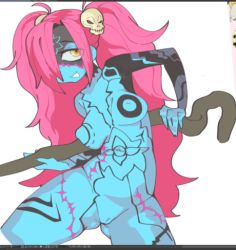 Rule 34 | 1girl, blue skin, code of princess, colored skin, hair ornament, inverted nipples, lady zozo, lowres, pink hair, skull hair ornament, t045t33r, yellow eyes