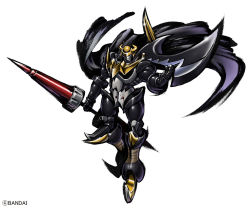 Rule 34 | 1boy, armor, bandai, cape, copyright name, creature, darkknightmon, demon, digimon, evil, full armor, holding, holding weapon, no humans, official art, polearm, shaded face, spear, weapon