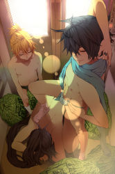 Rule 34 | 3boys, blonde hair, blue hair, elevator, highres, kagamine len, kaito (vocaloid), kamui gakupo, lens flare, male focus, multiple boys, nail polish, nayu, panties, purple hair, scarf, smile, socks, stomping, striped clothes, striped panties, sunlight, topless male, underwear, underwear only, vocaloid, yaoi