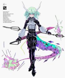 Rule 34 | 1boy, arknights, black gloves, black nails, black pants, closed mouth, english text, fingerless gloves, full body, gloves, green hair, grey background, highres, holding, holding weapon, horns, kaninn, leather, leather pants, lio fotia, long sleeves, male focus, nail polish, pants, promare, purple eyes, simple background, solo, tail, twitter username, weapon