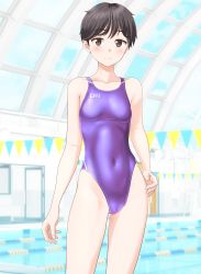 Rule 34 | 1girl, absurdres, black hair, breasts, brown eyes, clothes writing, commentary request, competition swimsuit, contrapposto, covered navel, cowboy shot, door, highleg, highleg swimsuit, highres, indoors, one-piece swimsuit, original, pool, purple one-piece swimsuit, short hair, small breasts, solo, standing, string of flags, swimsuit, takafumi